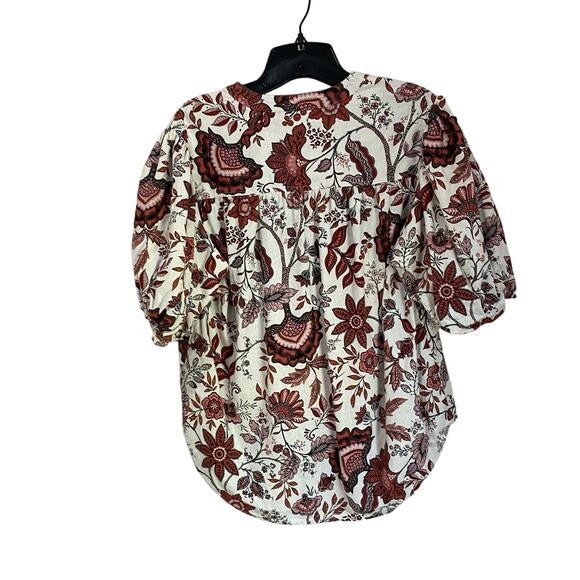 Joie Floral Red & Cream Linen Blend Balloon Sleeve Button Up Blouse Size M - Picture 2 of 10